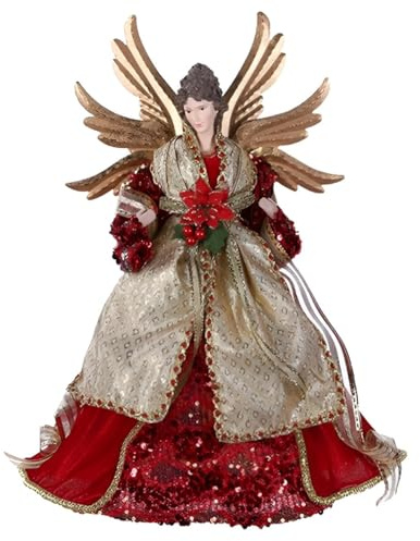 Angelo con ali h 40 rosso e oro puntale per albero di natale decorazione casa vestito Elegante Pelliccia e Ricami complemento d'arredo idea regalo