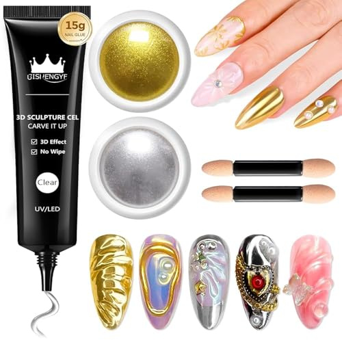 BISHENGYF Chrome Nail Powder & 3D Gel Nageldesign Kit 4-in-1, mit No-Wipe Spiegelnagel Pulver für Roségold & Silber Nägel,Clear Solid Base Colour 3D Nail Gel Design DIY Nail Art Enthusiast Home