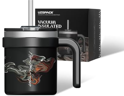 UZSPACE Mug Isotherme avec Paille & Poignée, Tasse a Cafe 500ml | Mug Isotherme Esthétique, Acier Inoxydable 18/10, à Large Ouverture, pour Café Chaud et Boissons Froides, Noire