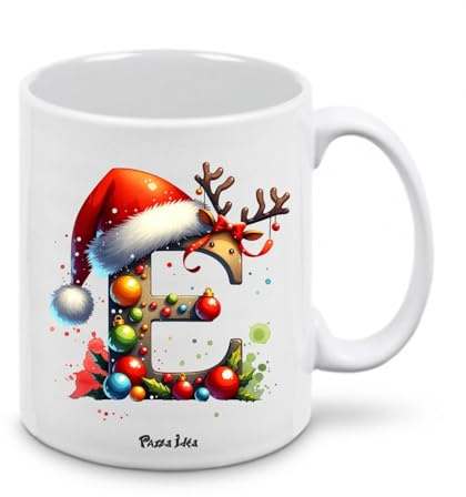 Regali Pazza idea Tazza personalizzata lettera iniziale del nome o numeri - design natalizio - regalo natale uomo donna - collezione dalla A alla Z (E)