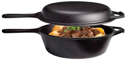 AIZYR 2-In-1 Cast Iron Dutch Oven, Combination Combo Cooker Pot Deep Pot And Frying Pan Skillet for Camping, Home, Campfire Cooking