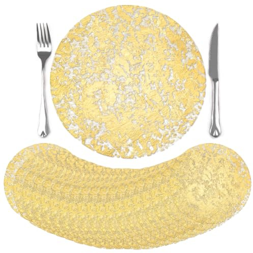comfoyar 50 Stück Tischsets Einweg Rund Metallic Gold | Folien Netz Gepresste Deckchen Platzsets, Platzdeckchen für Party Hochzeiten Geburtstag Küche Zuhause Dekoration, 33cm
