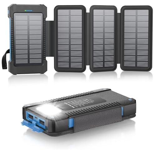 Solar Power Bank 26800mAh with 4 Solar Panels, 18W USB-C Power Bank Fast Charging Portable Battery for Phones, IPX7 Waterproof External Battery Pack with Flashlight Light/SOS/Strobe (SteelBlue)