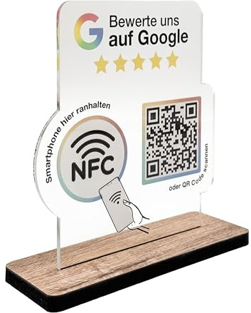 Aufsteller für google Bewertung NFC & QR-Code - Schild/Display für Bewertungen für Theke, Empfang, Praxis, Restaurant, Studio - Bewertungsaufsteller für Kundenfeedback (transparent, V2 DIN A5)