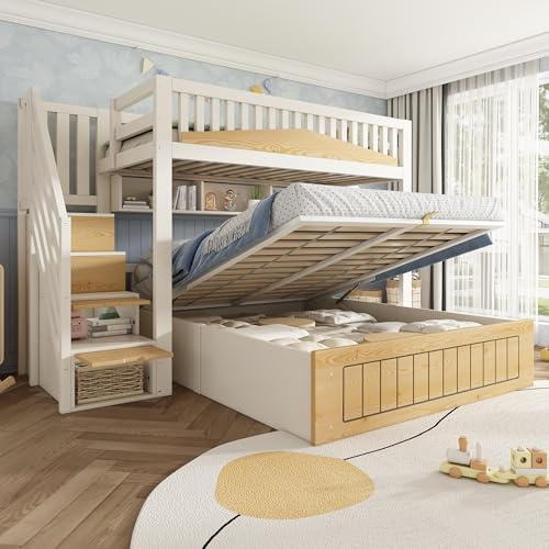 UIXENI Family Bunk Bed with Hydraulic Storage Cabinet Staircase Charging Ports, (90+135) x 190 cm, Without Mattress