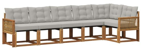 vidaXL Outdoor-Sofagarnitur mit Kissen 6 pcs Natürlich und Hellgrau, Gartenlounge, Moderne Sofas für draußen, strapazierfähige Sitzgruppe für Terrasse, Perfekter Komfort