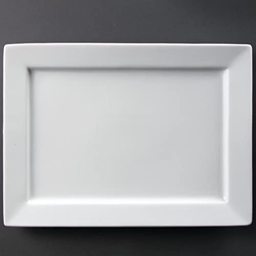 Olympia Porcelain Wide Rim Rectangular Platter 400x295mm, White | Super vitrified serving tray resists chipping; safe for use in commercial dishwashers, microwaves, ovens and freezers.