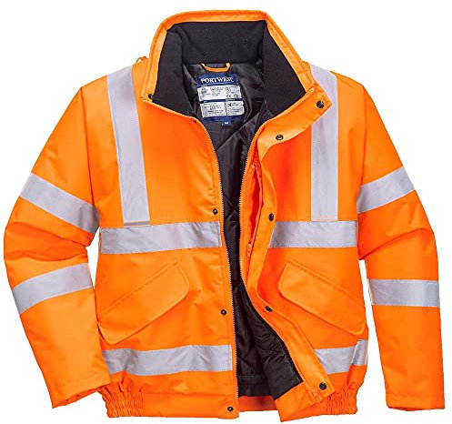Portwest RT32 Hi-Vis Winter Bomber Jacket Waterproof Cold Protection EN342 Certified Reflective Tape Texpel Eco Fabric Multiple Pockets Detachable Hood, Orange, 4XL