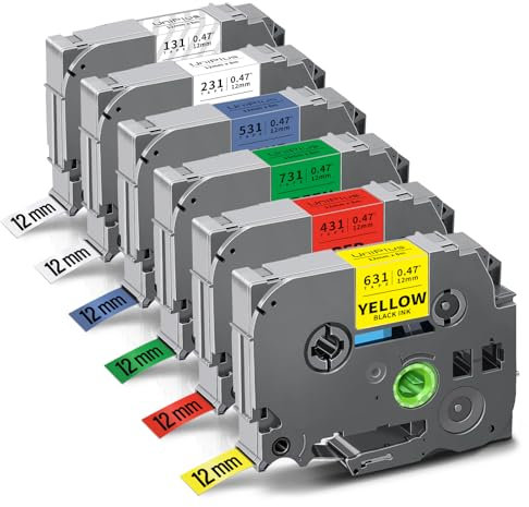 UniPlus Compatible 12mm Label Tape Replacement for Brother P-Touch TZe Laminated TZe-231 TZe-131 TZe-631 TZe-431 TZe-531 TZe-731 Work with PT-D200 PT-D210 PT-P750W PT-E110 PT-E300 PT-D400, 6-Pack