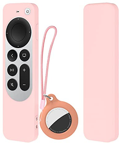 DamonLight Case for Apple TV Siri Remote 4K with Airtag Case [Lanyard Included][Heavy Shock Absorption] for Apple TV Siri Remote 4th Generation (Pink)