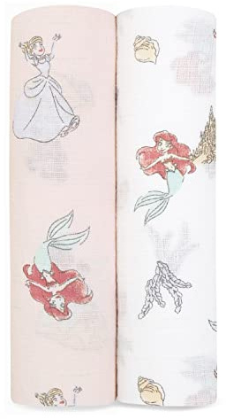 aden + anais™ Essentials Pucktücheraus 100% Baumwoll-Musselin, Wickel- und Schmusedecke für Neugeborene und Kleinkinder, Baby-Wickeltuch für Mädchen und Jungen, 112x112cm, 2er-Pack, Disney Princess