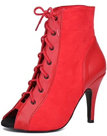 MINITOO Femmes Latine Salsa Danse Chaussures Fete Prom Sandales Bottes L478 Rouge 8.5cm Talon EU 36.5