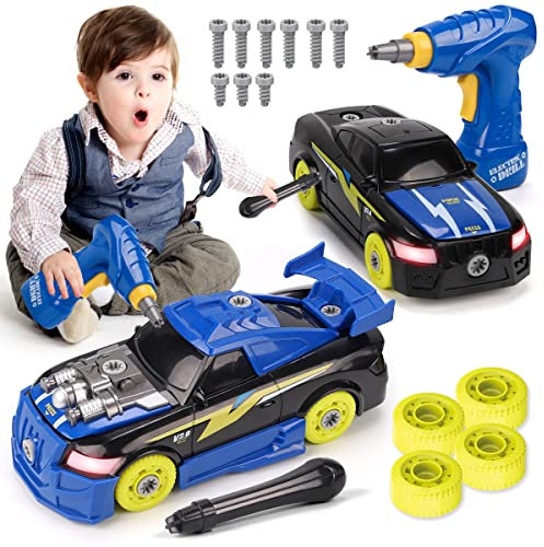 REMOKING Montage Spielzeug, Auto Spielzeug mit Ton und Licht, Spielzeugautos mit Werkzeug, Rollenspiel Auto Spielzeug Set, Lernspielzeug für Kinder ab 3 Jahre (Blau)