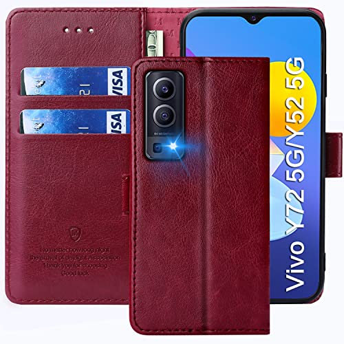 FMPCUON Étui pour Vivo Y72 5G/Y52 5G, étui Portefeuille à Rabat en Cuir de Haute qualité pour Vivo Y72 5G/Y52 5G Pouces [emplacements pour Cartes] [béquille] [Fermeture magnétique] - (Rouge)