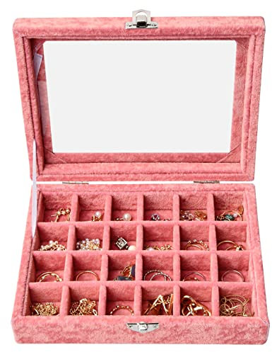 Catime 24 Grilles Boite a Bijoux en Velours, Détachable Boîte Vitrine à Bijoux,Boite Rangement Bague avec Compartiments,Couvercle Transparent Plateau Présentation Bijoux (Rose)