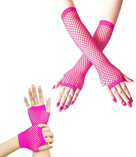 Gatielzana 2 Pairs Fishnet Gloves Women's Mesh Fingerless Gloves for 80s Costume Theme Party, Hot Pink, Long&Short, Hotpink, One Size