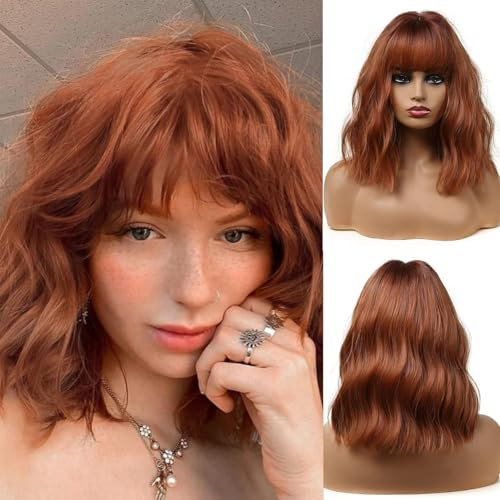 Esmee 14 Zoll Kurz Rotbraun Perücke mit Pony für Frauen Natürliche Synthetische Haare Ombre Perücke mit Dunklen Wurzeln Locker Gewellt Perücken für Cosplay Tägliche Party Tragen