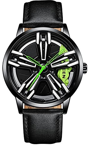 MIDYUID Herrenuhren Auto Felge Nabe Uhr Hohl Stereoskopische Rad Mode Sport Quarzuhr für Männer Geschenke Armbanduhren (Green-04)