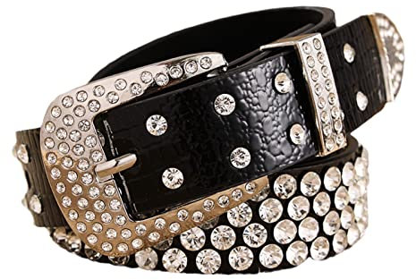 Surrycee Damen Strass Gürtel 35mm Western Ledergürtel Cowgirl Bling Crystal Diamond Nieten Ledergürtel, Damenmode Gürtel Geschenk für Frauen,Schwarz,110cm/waist:36~38