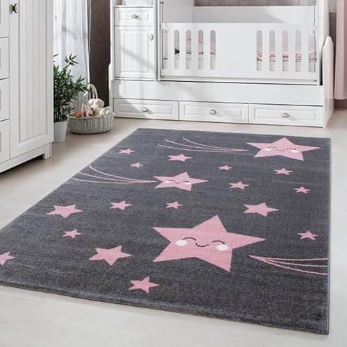 Carpetsale24 Runder Kinderteppich Sterne Ø120 cm – Niedliches Muster in Rosa – Weich & Ideal fürs Spielzimmer
