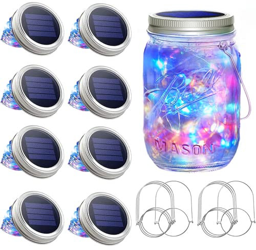 SunKite Solar Mason Jar Lights [Updated], 8 Pack 20 LED Waterproof Fairy Firefly Jar Lids String Lights with Hangers(NO Jars), Patio Yard Garden Wedding Decoration(Multi-Colored)