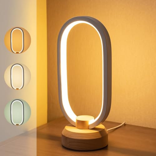 BASRAE Small LED Table Lamp,Modern Nightstand Lamps,Oval Bedside Lamp,White Table Light,3 Colour Changing Desk Lamp,Dimmable Wood Warm Lights for Bedroom Living Room Kids Room Home,5 brightness levels