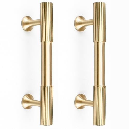 RZDEAL 4pcs Solid Brass Gold Cabinet Pulls, 3-Inch Hole Centers for Kitchen Cupboard Handles Modern Drawer Dresser Pulls Bathroom Brushed Brass Cabinet Pulls Wardrobe Door Handles