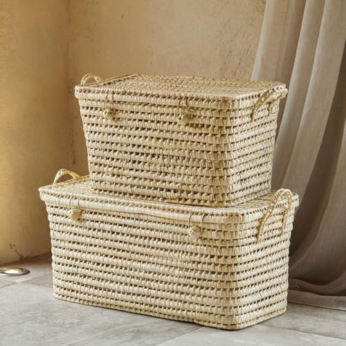 HOME MAISON - Malle de Rangement Feuille de Palmier Osier Naturel 30 x 60