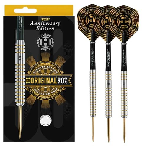 Harrows Original 90% Tungsten Steel Tip Darts Set | Erhältlich in 22g, 24g & 26g | Inklusive Midi Supergrip Carbon Schäfte & Neue Anniversary 100 Mikron Flights (24g)