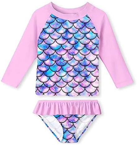 WYTbaby Costume da Bagno Ragazze 2 Pezzi con Volant, Sirena Manica Lunga Costume Piscina Bambina Anti-UV UPF 50+ Set per Spiaggia, Piscina Rash Guard per Bambina 5-6 Anni