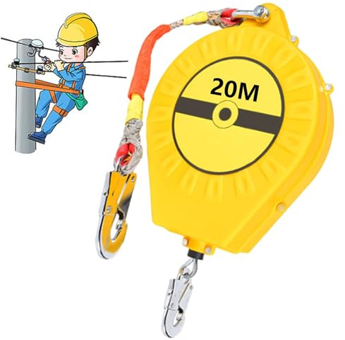 BOVDC Dispositivo Anticaduta Retrattile 3-20m, Imbracatura di Sicurezza Anticaduta Omologata, Verde/Giallo Apparecchiature Anticaduta, Capacità di Carico Massima 150KG(Giallo, 20m)