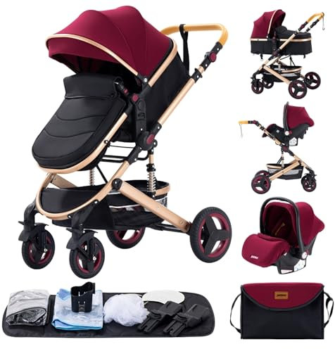 GLOKID Passeggino 3 in 1, passeggino per bambini, passeggino, sistema da viaggio, pieghevole, con accessori, Gondola, Adaptateurs (530 rosso)