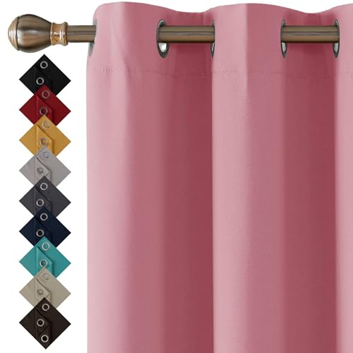Pink Blackout Curtains for Bedroom Windows 66 x 54 Drop Inch, 2 Panels | Thermal Insulated Energy Saving Black Out Ring Top Eyelet Curtains & Drapes for Living Room Windows