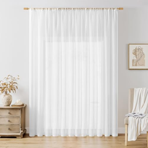 Softalker Vorhang 240 cm Lange Gardinen Stangendurchzu Vorhänge Weiß in Leinen-Optik Voile Vorhang Durchsichtig Gardine schal 300 cm Extra Breit für Schlafzimmer Fenster Raumtrenner Vorhang 1 Stück