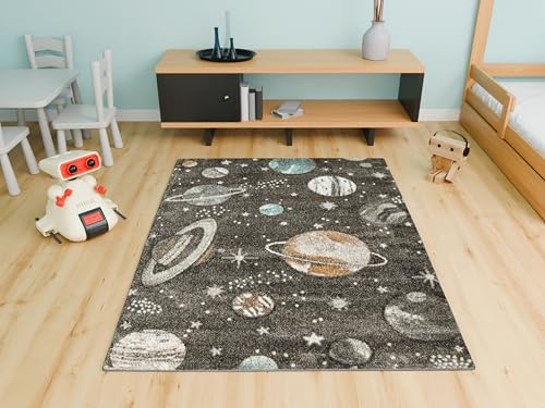 AKCILA Lima Rechteckig Kinder Teppich 160x230 cm, Kinderzimmer Kurzflor Teppiche, Kinderteppich Mädchen, Jungen, Kids Carpet, Spielteppich Kinder Babyzimmer Tepich, Kosmos, Planeten,Wohnzimmer Teppich
