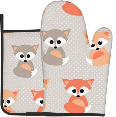Ofenhandschuhe und Topflappen-Sets, Ofenhandschuh und Topflappen 2 Stück zum Kochen Backen, Tiere Baby Füchse