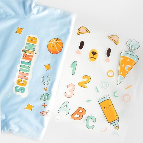 Bügelbilder Schule Set für Textilien, DIN A4 zum Aufbügeln | Dekoration von T-Shirts, Hoodies, Jeans, Schultüten | Patches für Kinder, Jungs, Mädchen