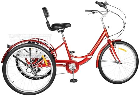 WooDerson Dreirad Für Erwachsene 20 Zoll Klappbar, 7 Gang 3 Räder Fahrrad Mit Rückenlehne Und Korb, Sitzverstellung Höhe 96.5-115cm, Senioren Trike Cruise Einkaufsrad, Rot