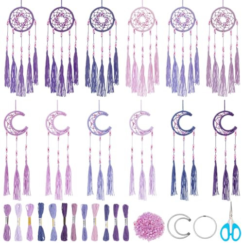 INFUNLY 12 Set DIY Mini Traumfänger Kleiner Traumfänger Mit Galaxie Perlen Schwarz/Lila DIY Traumfänger Bastelset Mini Traumfänger Set Mit Anleitung Für Autospiegel Ornament Heim Geburtstagsdeko
