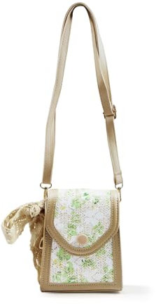 AdiStylinno Handytasche zum Umhängen Damen, Leder Gewebte Kleine Umhängetasche mit Abnehmbarer Spitze Bogen und Verstellbarem Schultergurt Blume Print Schultertasche für Strand Reise Shopper (Grün)