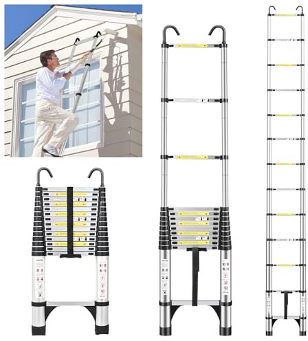 JADDUO 6.2m Telescopic Ladder, Aluminium Extension Ladder with Safety Hook & Foldable Rungs, 150kg Load Capacity, 30cm Step Spacing, EN131 Certified for Home & Professional Use