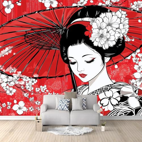 Papier Peint Panoramique 3D Style Japonais Femme Sakura Rouge 400x280 cm Papier Peint Photo Mural Intissé, Poster Tapisserie Mural Personnalisé 3D Pour Salon Chambre Décoration Murale
