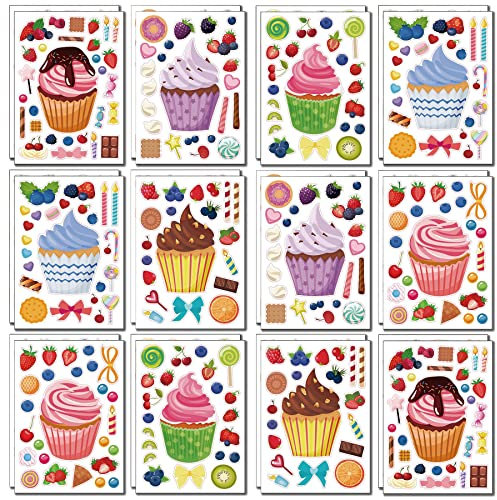 24 Stück Cupcake Aufkleber für Kinder, Dessert Aufkleberblätter für Geburtstagsfeiern, Mix und Match Keksaufkleber, Gastgeschenke für die Party