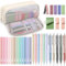 COZCLAM 32pcs Schulsachen Aesthetic mit Weiß Mäppchen, 12 Textmarker Pastell, 5 Schwarze Gelstifte, 6 Farbstifte, 5 Lesezeichen und Haftnotizen, Aesthetic School Stuff Clean Girl Schule Zubehör