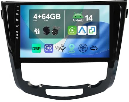 10.1 [4G+64G] Android 14 Radio Coche para Nissan X-Trail Qashqai j11 Rouge 2014-2018 con Carplay|Android Auto|DSP|Mirror Link-GPS Navi Navegador Radio con Bluetooth 5.0/WiFi/4G/FM/360 AHD Cámara