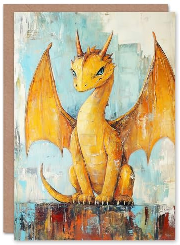 Artery8 Greeting Card Cute Yellow Dragon with Big Wings Oil Painting Blank For Him Or Her Art Birthday Card