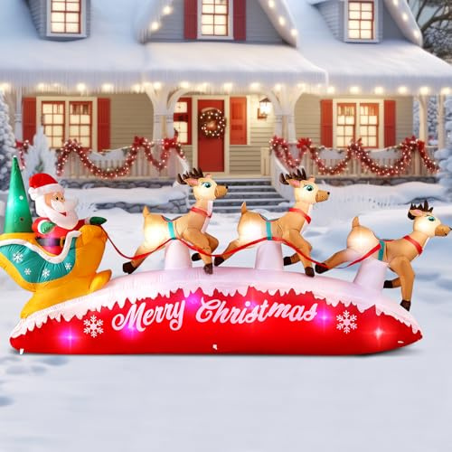 Danxilu Slitta di Babbo Natale gonfiabile, lunga 3 m, con 3 renne, decorazioni natalizie gonfiabili per esterni, decorazione natalizia con luci LED colorate integrate, per esterni, giardino, vacanze