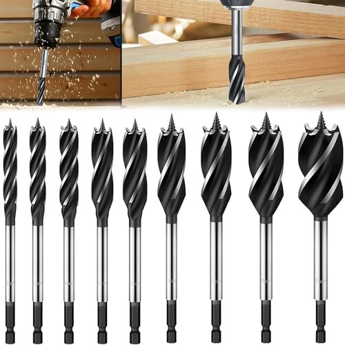 XFLYP 9PCS Wood Drill Bit, Bit Sets with High-Carbon Steel Fast Cut Four Blade Design Reaming Auger, Accessories Rotary Impact, 10/13/15/17/19/22/25/30/35mm