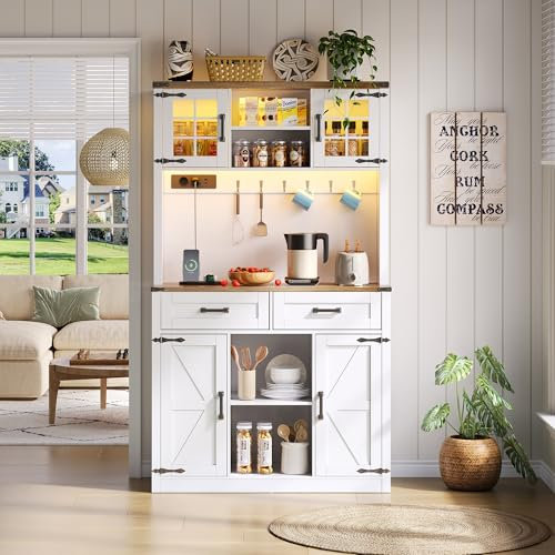 Wyibwy Aparador de cocina con 2 cajones grandes y estantes regulables, mueble bar con iluminación LED y tomas eléctricas, mesa de buffet rústica, 100 x 40 x 172 cm, para cocina, salón, pasillo, blanco
