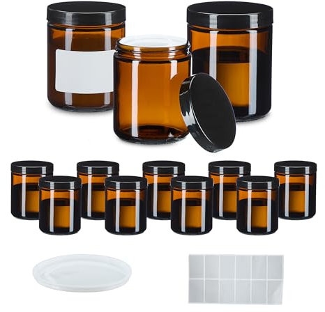 Relaxdays Salbentiegel, 12er Set, 240 ml, Braunglas, Tiegel mit Schraubdeckel, Abdeckscheiben, Etiketten, braun/schwarz